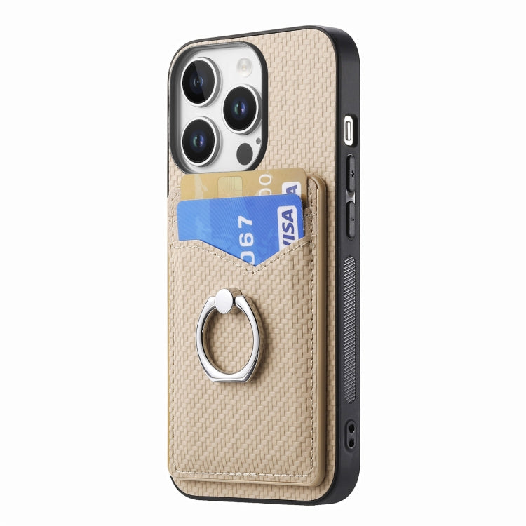 For iPhone 16 Pro Carbon Fiber Card Wallet Ring Phone Case