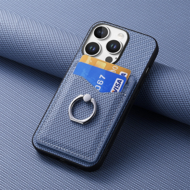 For iPhone 16 Pro Carbon Fiber Card Wallet Ring Phone Case