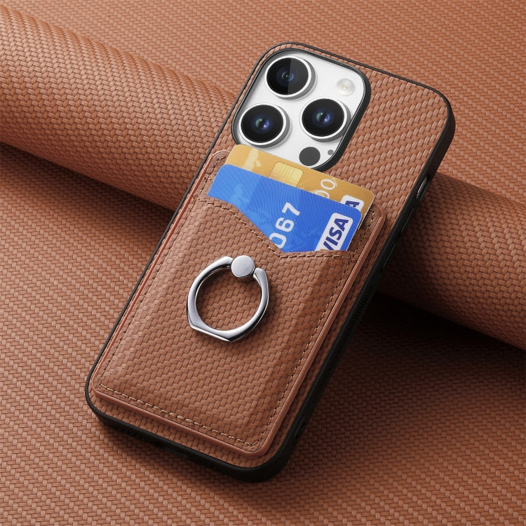 For iPhone 16 Pro Carbon Fiber Card Wallet Ring Phone Case