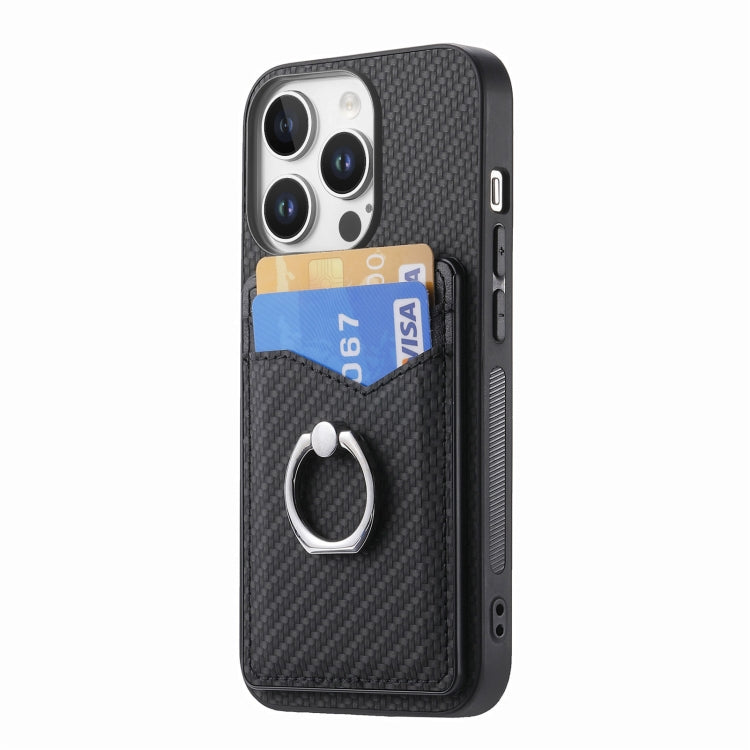 For iPhone 16 Pro Max Carbon Fiber Card Wallet Ring Phone Case