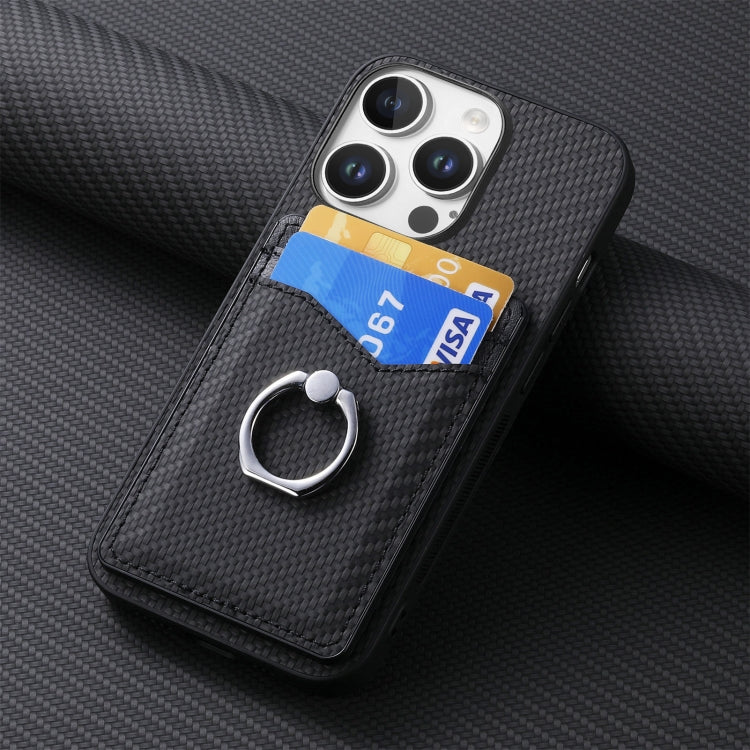 For iPhone 16 Pro Max Carbon Fiber Card Wallet Ring Phone Case