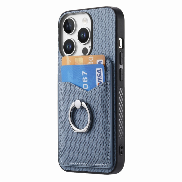 For iPhone 16 Pro Max Carbon Fiber Card Wallet Ring Phone Case