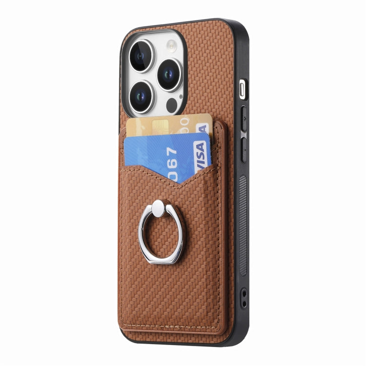 For iPhone 16 Pro Max Carbon Fiber Card Wallet Ring Phone Case