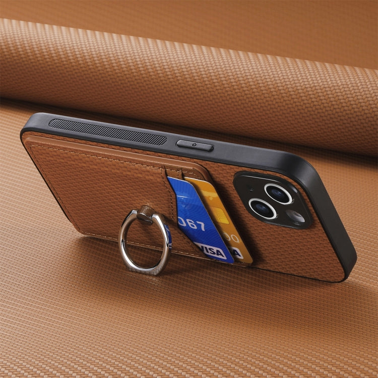 For iPhone 16 Pro Max Carbon Fiber Card Wallet Ring Phone Case