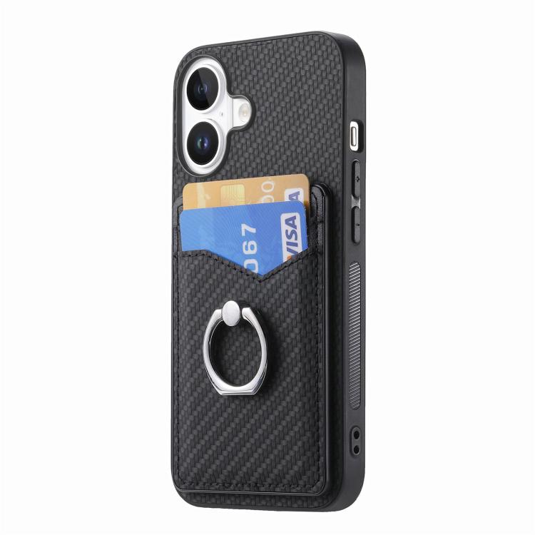 For iPhone 17 Carbon Fiber Card Wallet Ring Phone Case