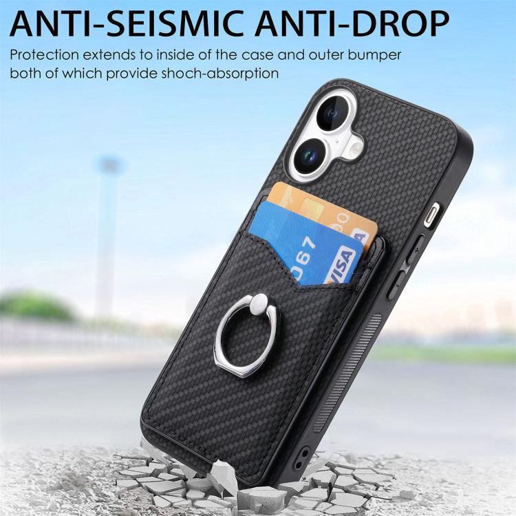 For iPhone 17 Carbon Fiber Card Wallet Ring Phone Case