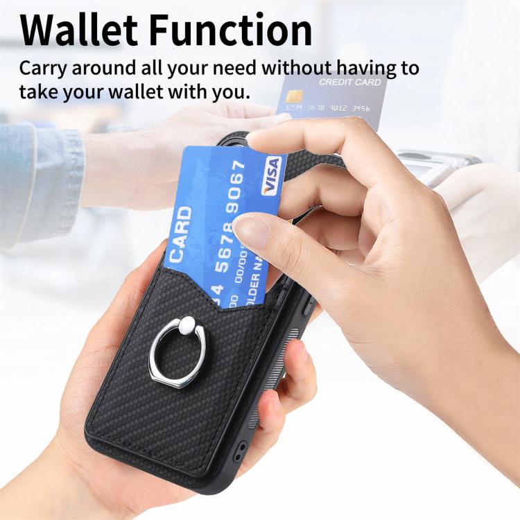 For iPhone 17 Carbon Fiber Card Wallet Ring Phone Case