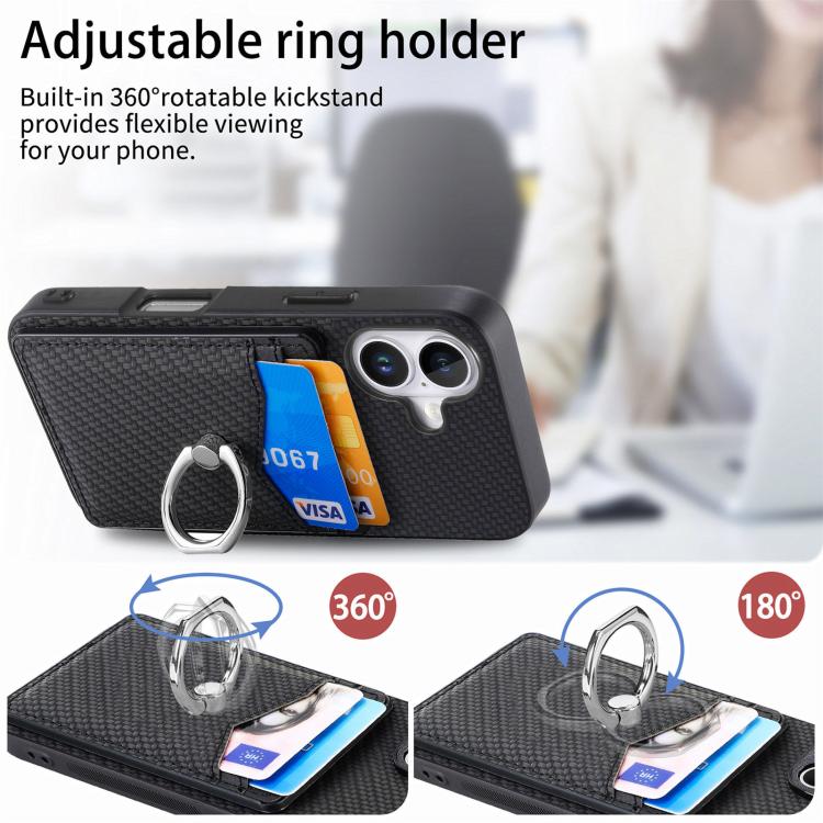 For iPhone 17 Carbon Fiber Card Wallet Ring Phone Case