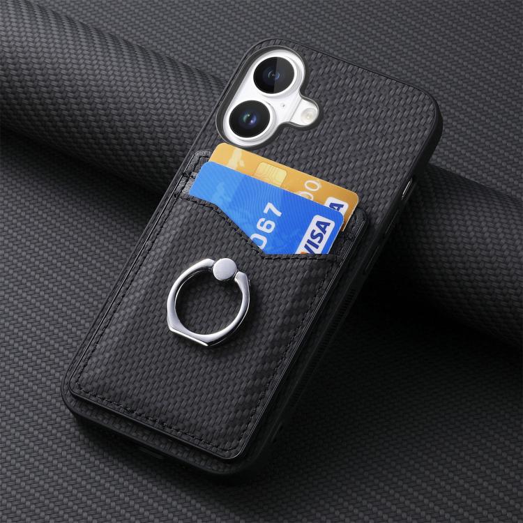 For iPhone 17 Carbon Fiber Card Wallet Ring Phone Case