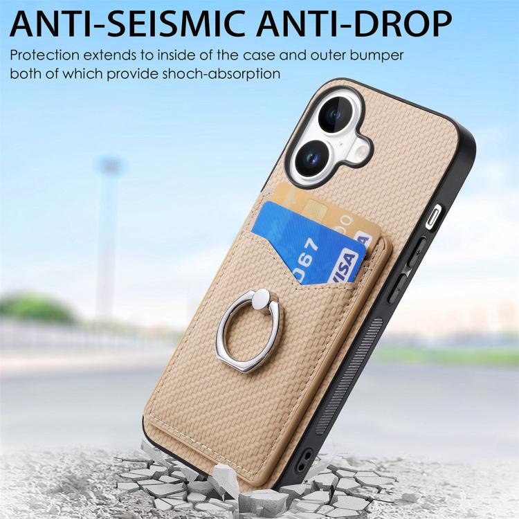 For iPhone 17 Carbon Fiber Card Wallet Ring Phone Case
