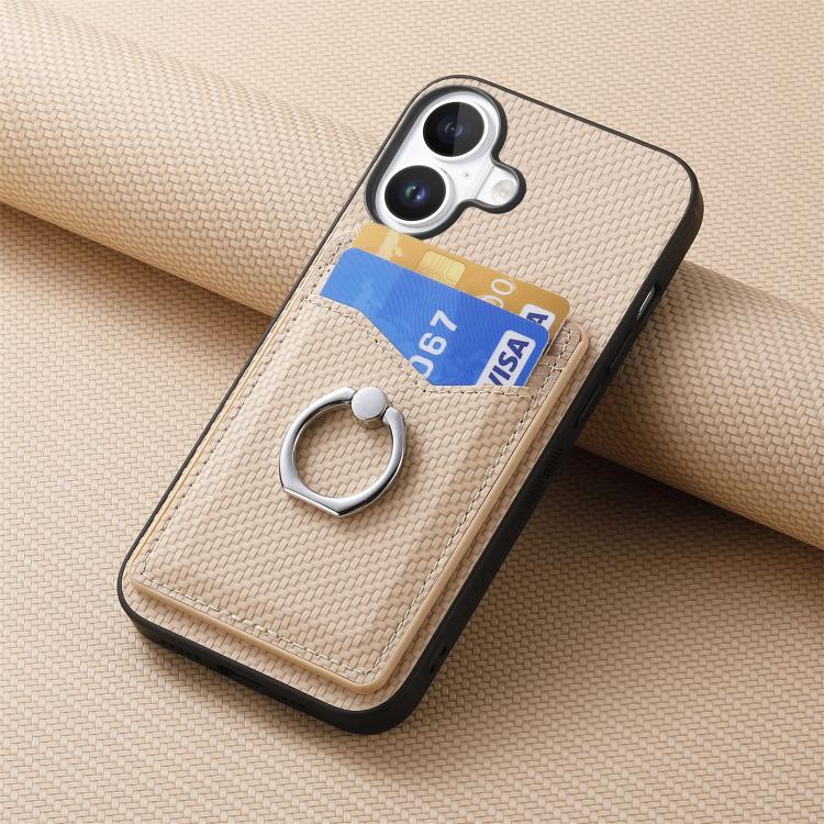 For iPhone 17 Carbon Fiber Card Wallet Ring Phone Case