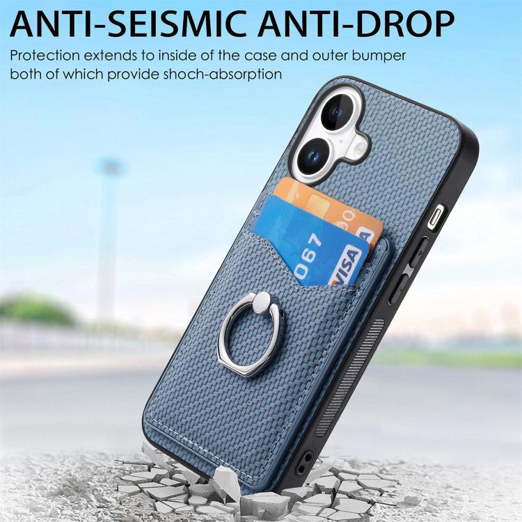 For iPhone 17 Carbon Fiber Card Wallet Ring Phone Case