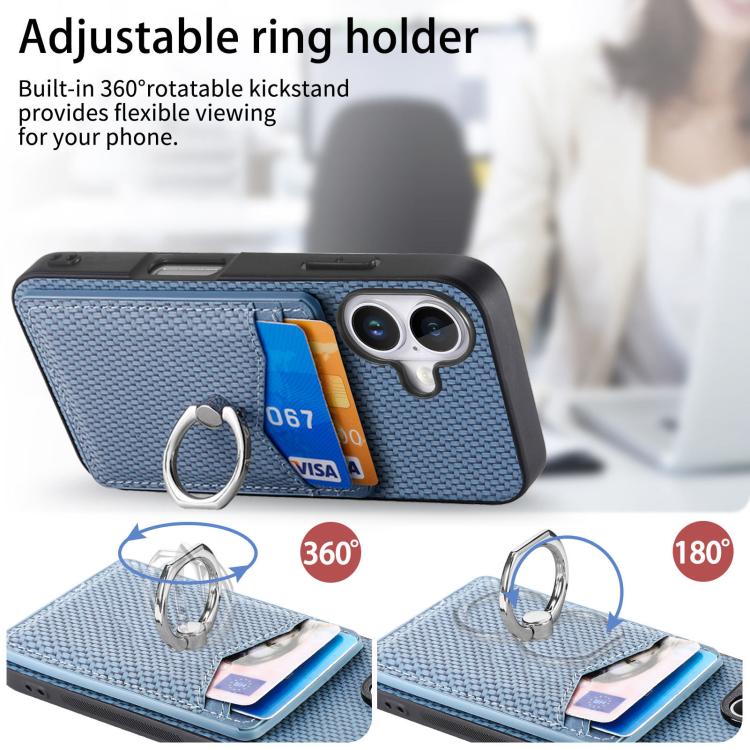 For iPhone 17 Carbon Fiber Card Wallet Ring Phone Case
