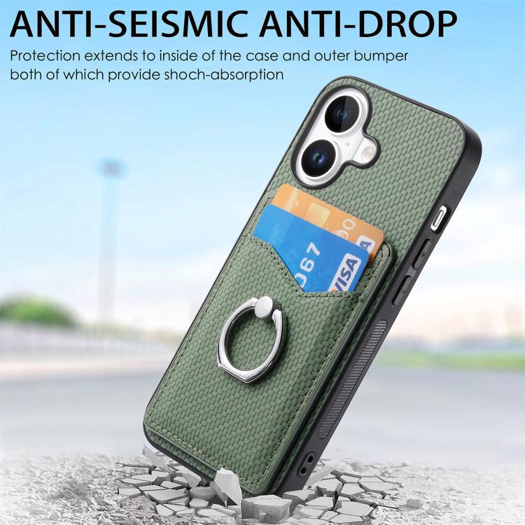 For iPhone 17 Carbon Fiber Card Wallet Ring Phone Case