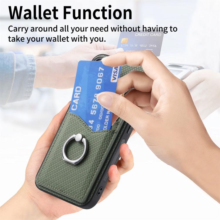 For iPhone 17 Carbon Fiber Card Wallet Ring Phone Case