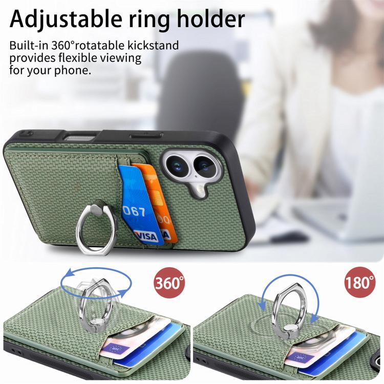 For iPhone 17 Carbon Fiber Card Wallet Ring Phone Case