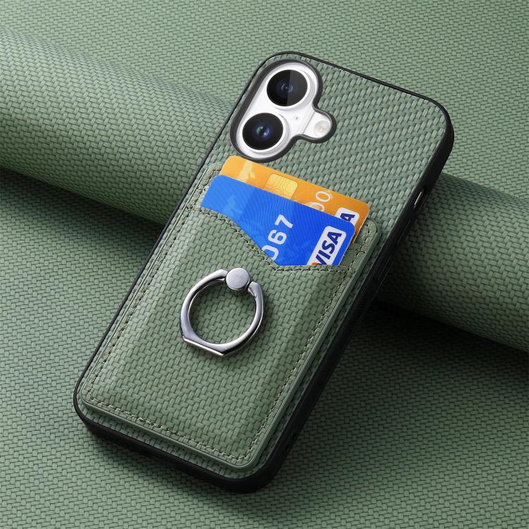 For iPhone 17 Carbon Fiber Card Wallet Ring Phone Case