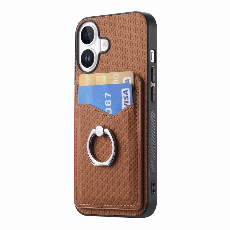 For iPhone 17 Carbon Fiber Card Wallet Ring Phone Case