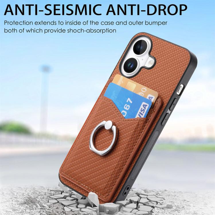 For iPhone 17 Carbon Fiber Card Wallet Ring Phone Case