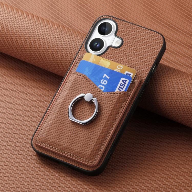 For iPhone 17 Carbon Fiber Card Wallet Ring Phone Case