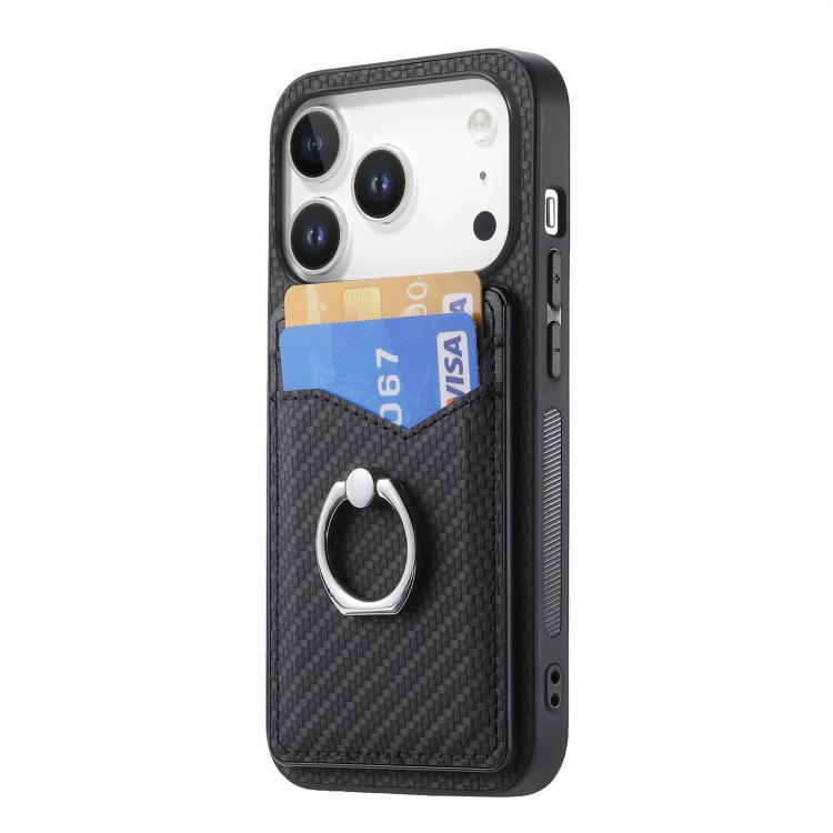 For iPhone 17 Pro Carbon Fiber Card Wallet Ring Phone Case