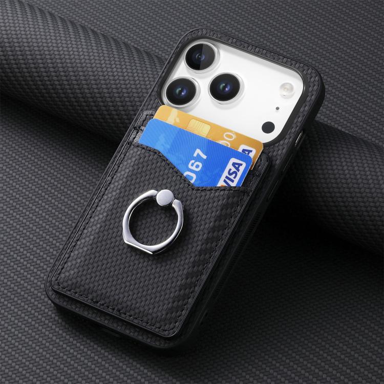 For iPhone 17 Pro Carbon Fiber Card Wallet Ring Phone Case