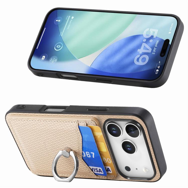 For iPhone 17 Pro Carbon Fiber Card Wallet Ring Phone Case