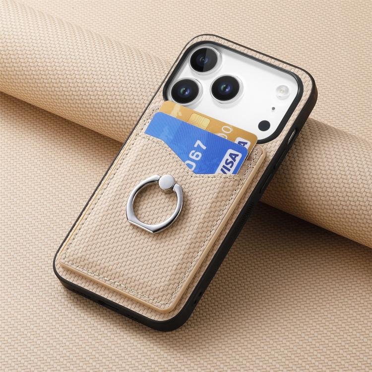 For iPhone 17 Pro Carbon Fiber Card Wallet Ring Phone Case