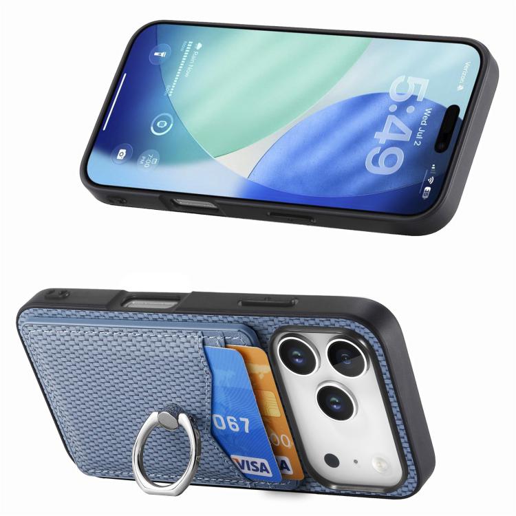 For iPhone 17 Pro Carbon Fiber Card Wallet Ring Phone Case