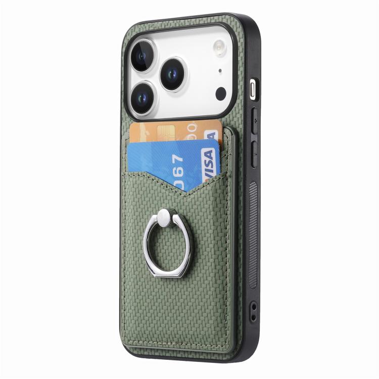 For iPhone 17 Pro Carbon Fiber Card Wallet Ring Phone Case