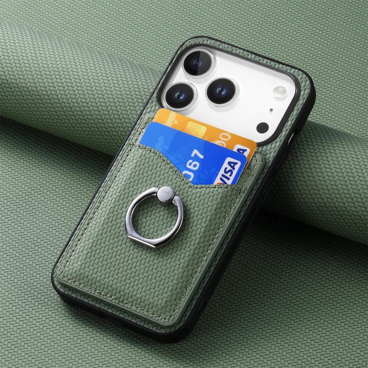 For iPhone 17 Pro Carbon Fiber Card Wallet Ring Phone Case