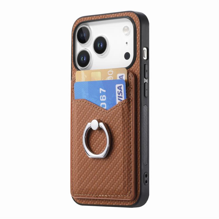For iPhone 17 Pro Carbon Fiber Card Wallet Ring Phone Case