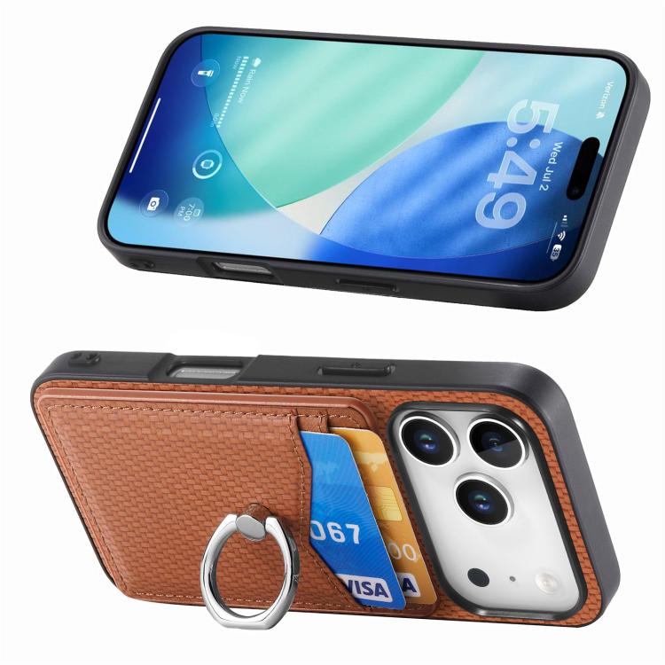 For iPhone 17 Pro Carbon Fiber Card Wallet Ring Phone Case
