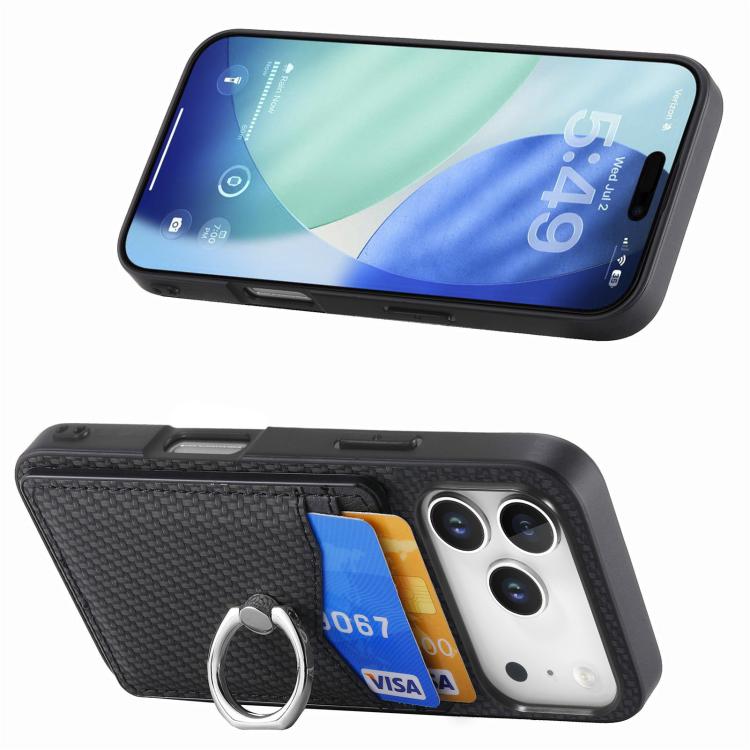 For iPhone 17 Pro Max Carbon Fiber Card Wallet Ring Phone Case