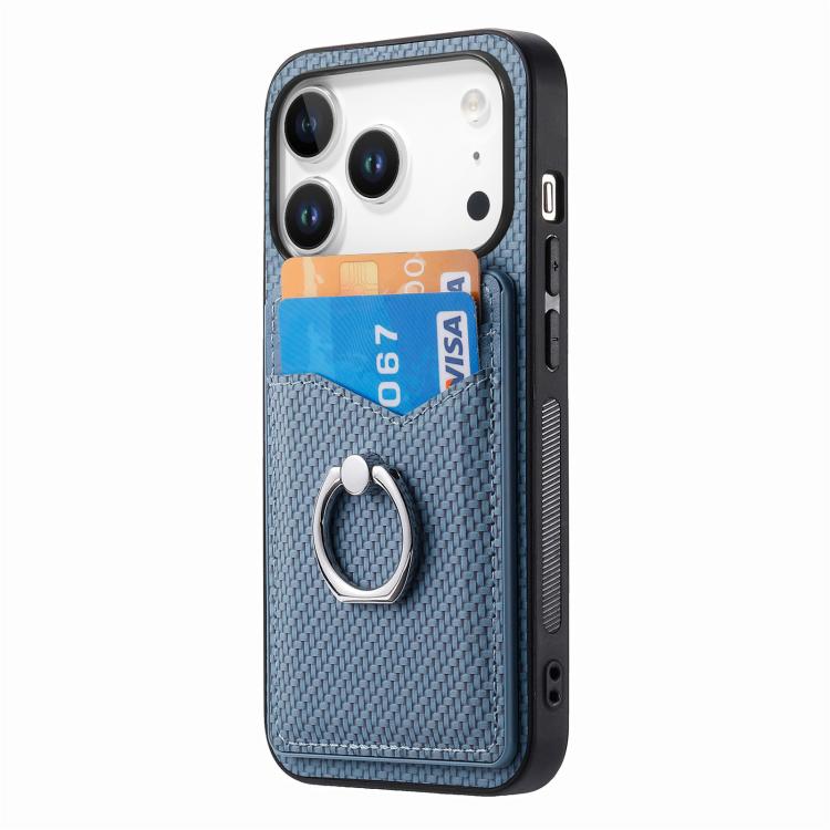 For iPhone 17 Pro Max Carbon Fiber Card Wallet Ring Phone Case