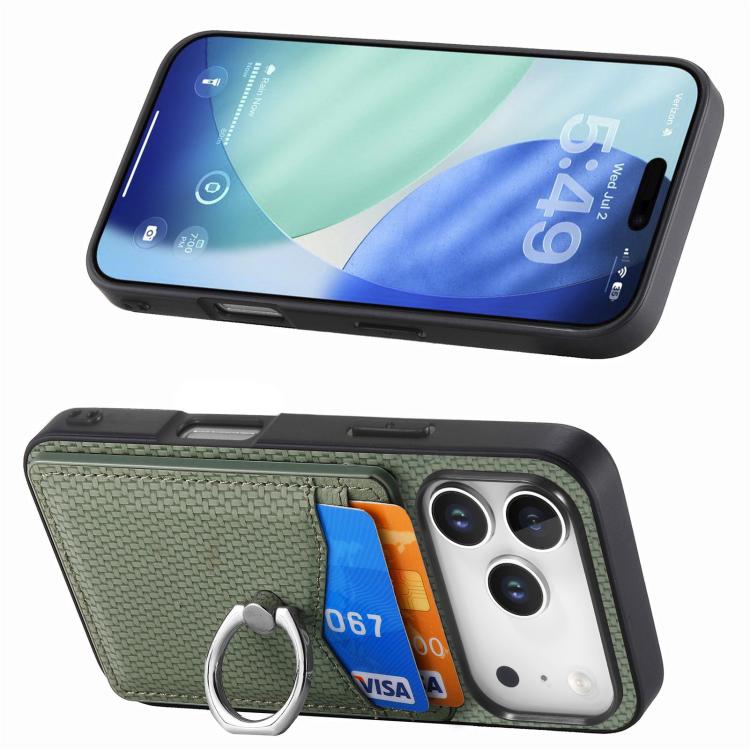 For iPhone 17 Pro Max Carbon Fiber Card Wallet Ring Phone Case