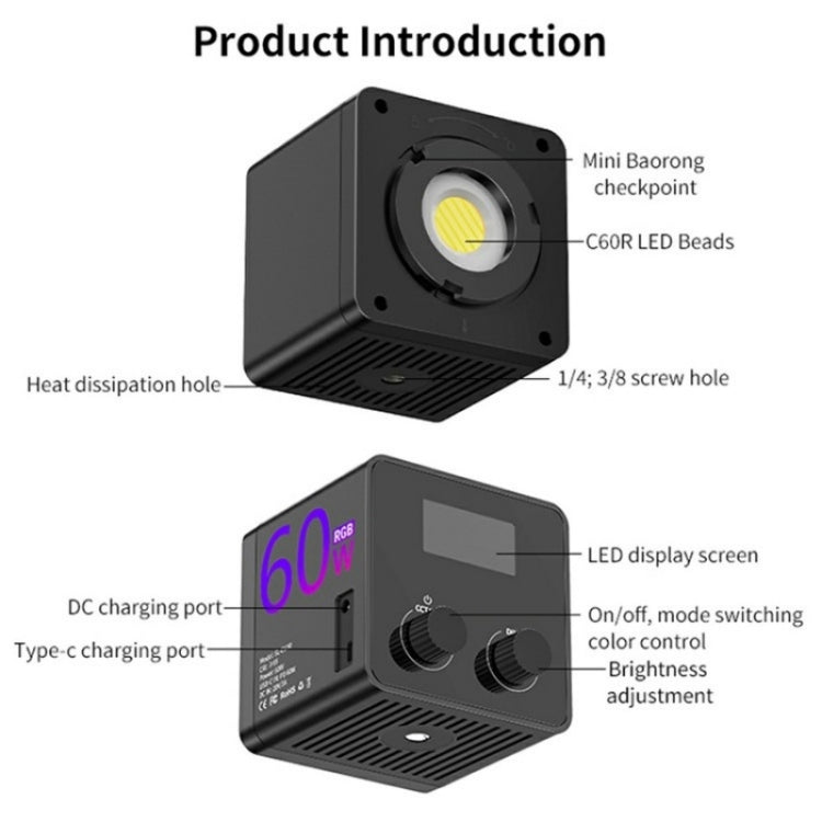 C60R 60W RGB Stage Lamp Professional Video Photography COB Fill Light, Plug:EU Plug