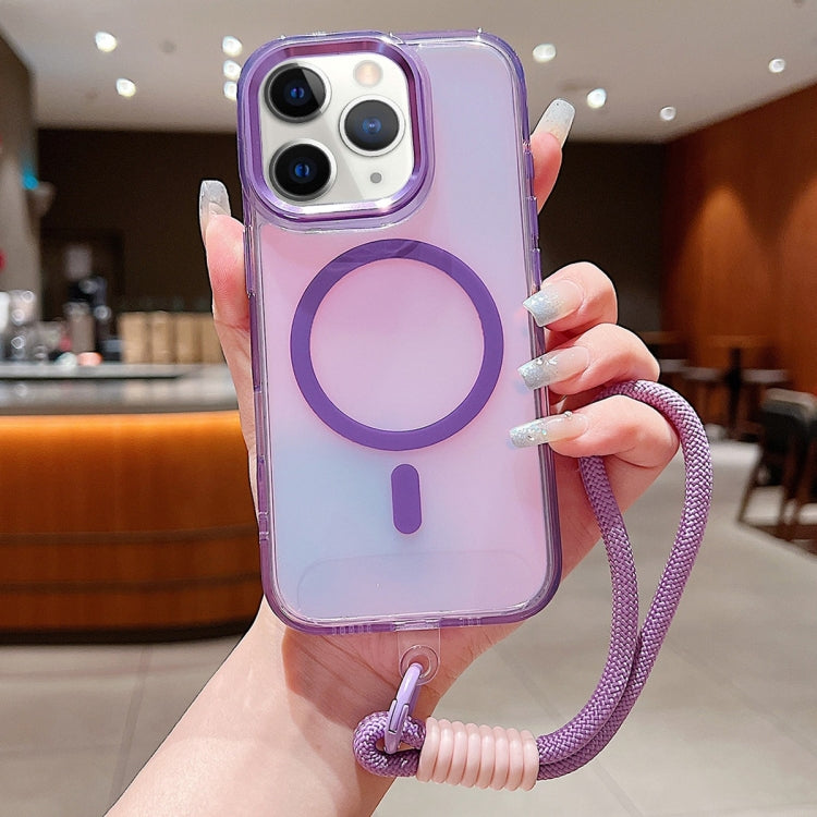 For iPhone 11 Pro Max Bright Shadow  Magsafe Discoloration Phone Case with Wrist Strap