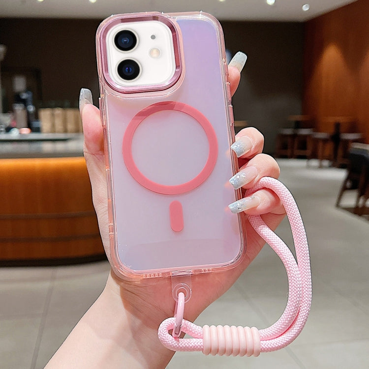 For iPhone 12 Bright Shadow  Magsafe Discoloration Phone Case with Wrist Strap