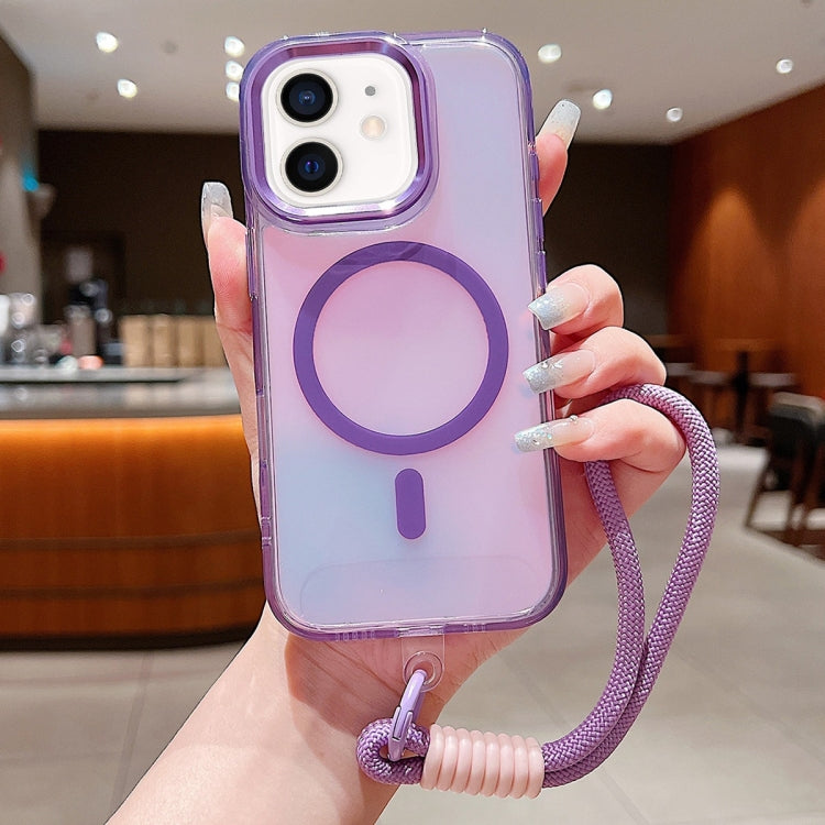 For iPhone 12 Bright Shadow  Magsafe Discoloration Phone Case with Wrist Strap