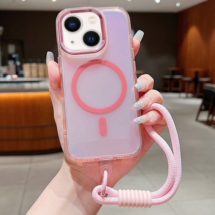 For iPhone 14 Bright Shadow  Magsafe Discoloration Phone Case with Wrist Strap