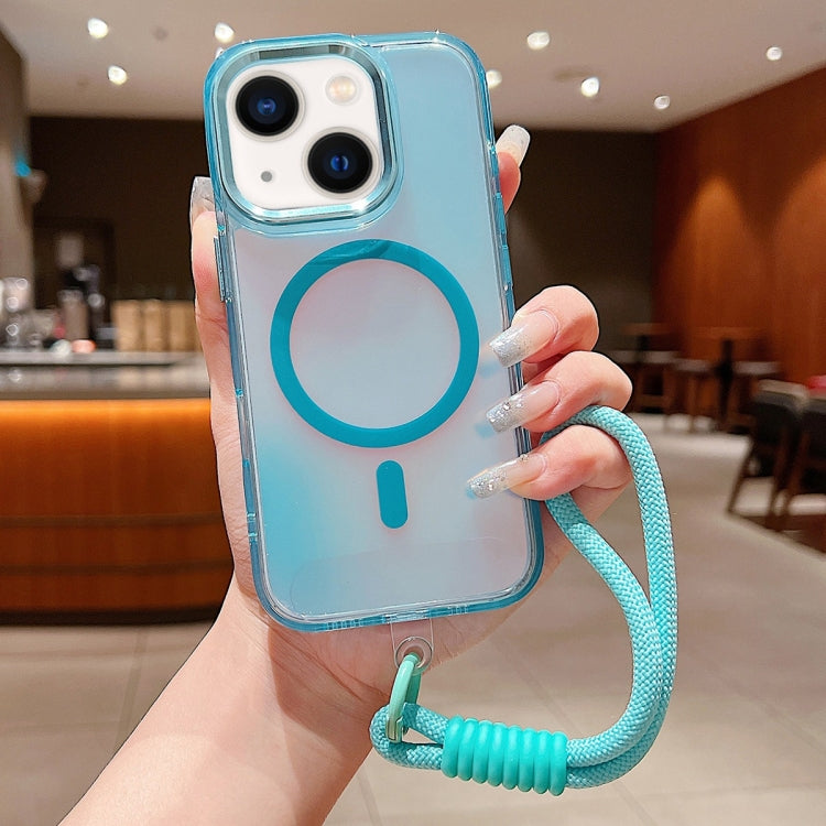 For iPhone 14 Bright Shadow  Magsafe Discoloration Phone Case with Wrist Strap