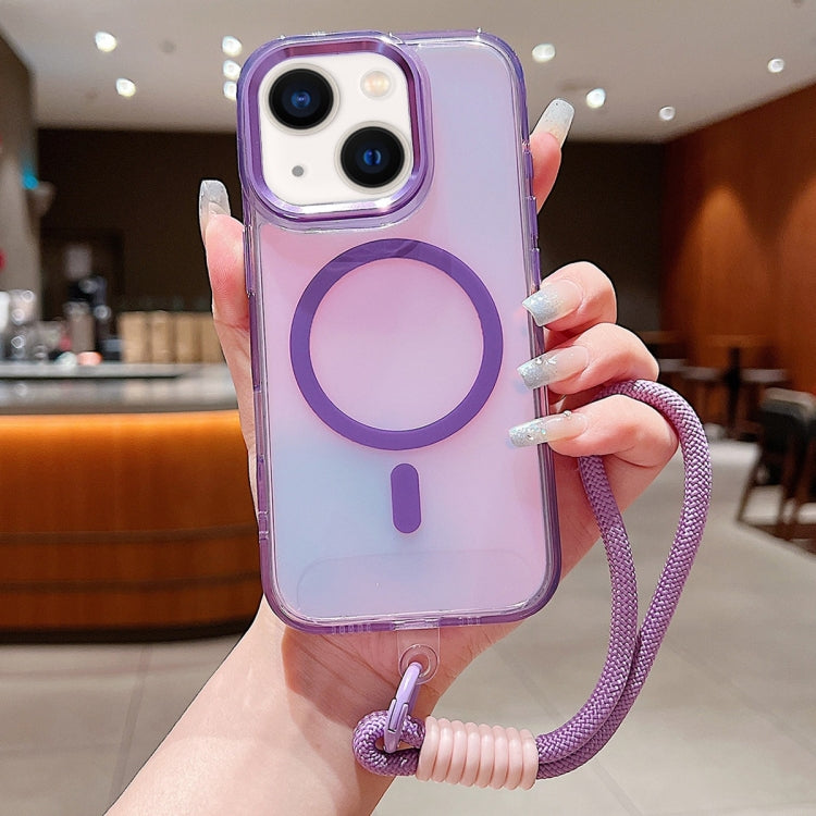 For iPhone 14 Bright Shadow  Magsafe Discoloration Phone Case with Wrist Strap