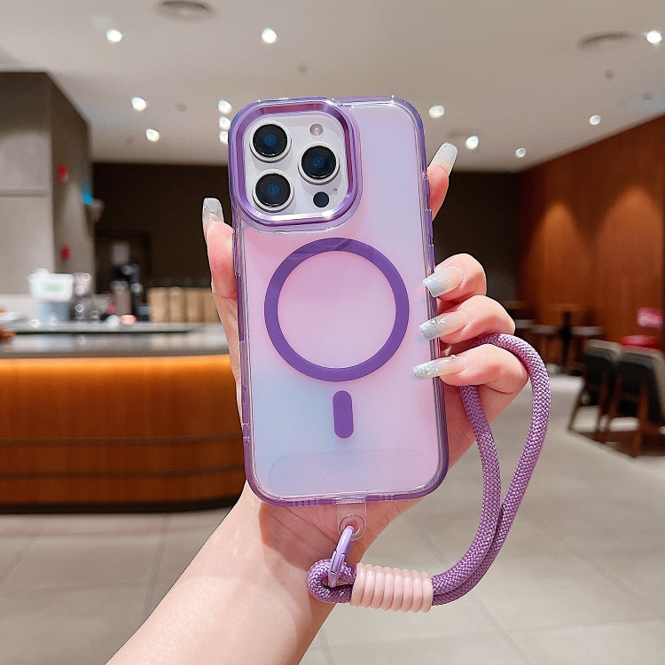 For iPhone 14 Pro Max Bright Shadow  Magsafe Discoloration Phone Case with Wrist Strap