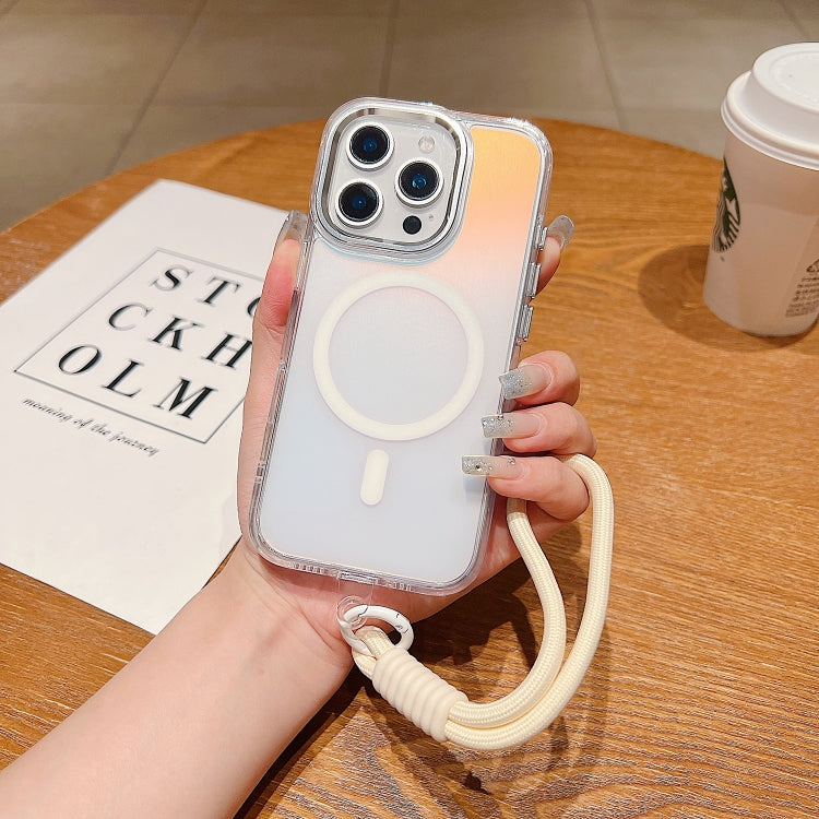 For iPhone 14 Pro Max Bright Shadow  Magsafe Discoloration Phone Case with Wrist Strap