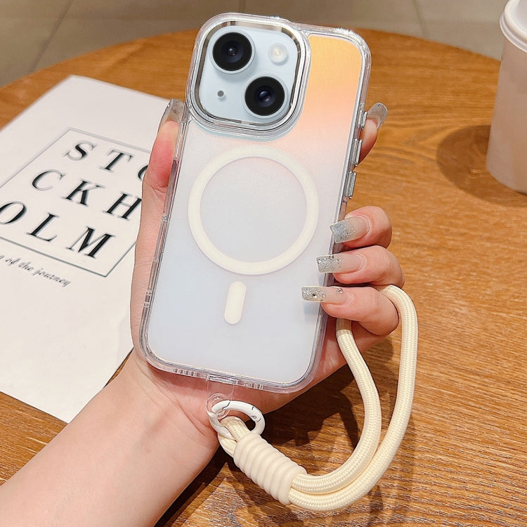 For iPhone 15 Bright Shadow  Magsafe Discoloration Phone Case with Wrist Strap