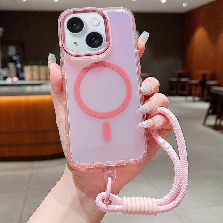 For iPhone 15 Plus Bright Shadow  Magsafe Discoloration Phone Case with Wrist Strap