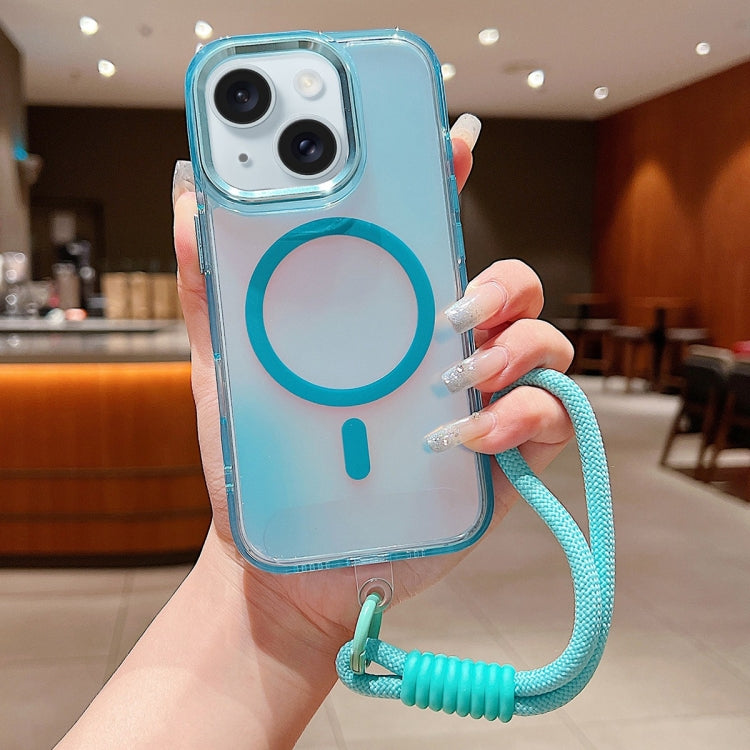 For iPhone 15 Plus Bright Shadow  Magsafe Discoloration Phone Case with Wrist Strap