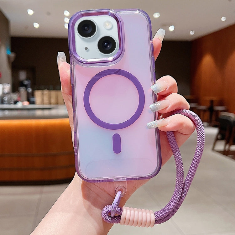 For iPhone 15 Plus Bright Shadow  Magsafe Discoloration Phone Case with Wrist Strap