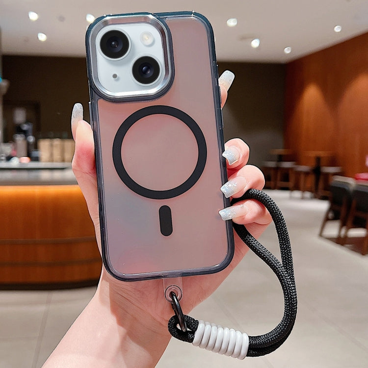 For iPhone 15 Plus Bright Shadow  Magsafe Discoloration Phone Case with Wrist Strap
